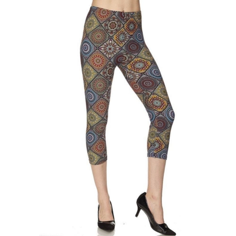 LEGGINGS DEPOT BROWN & Green Multi Color Abstract Print Capris Size 12 NWT